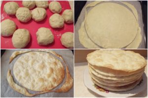 Colaj de poze cu pașii de preparare a foilor de tort Napoleon